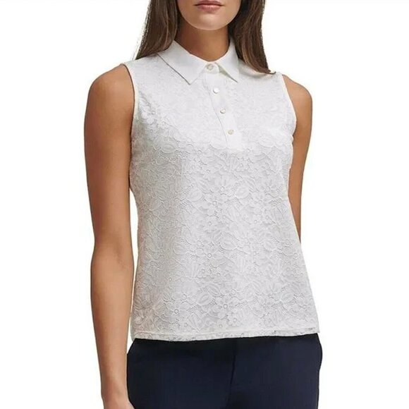 Tommy Hilfiger Small White Point Collar Knit Lace Sleeveless Top Half Button NWT - Picture 1 of 14